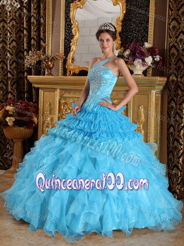 Aqua Blue Organza and Tulle Dresses for Quinceanera with Appliques