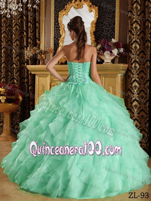 Sweet Organza Strapless Appliques Quinceanera Gown in Apple Green