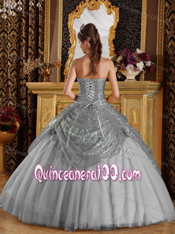 Recommended Grey Sweetheart Tulle Dress for Quince with Sequins