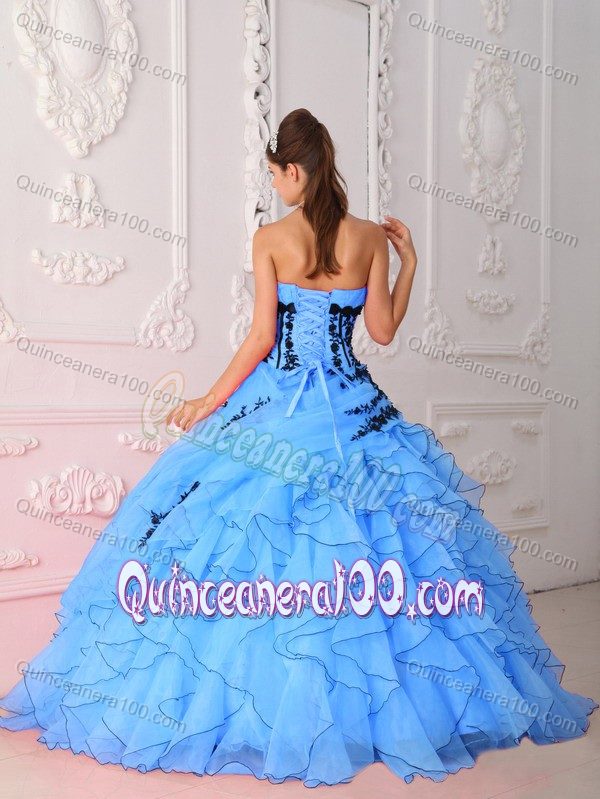 Blue Ball Gown Strapless Sweet 16 Dress with Ruffles and Appliques