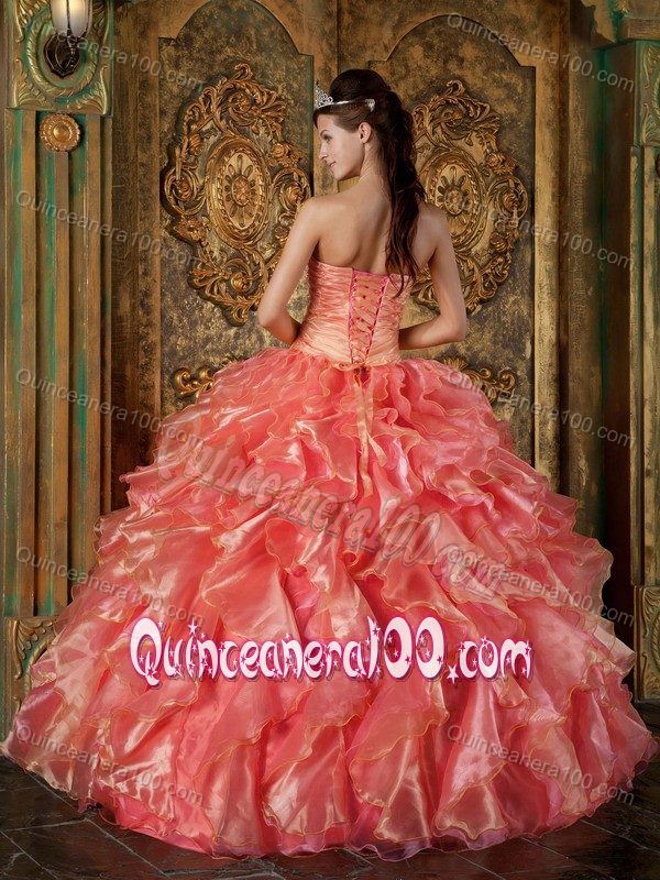 Watermelon Red Organza Ruffles Quinceanera Gowns Dresses with Beading