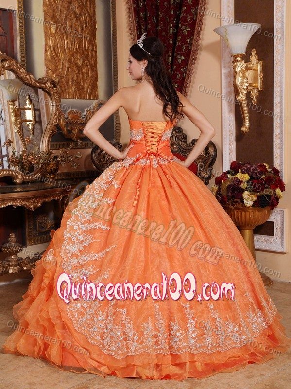 Orange Lace Hem Sweetheart Dresses for Quince with Ruffled Layers