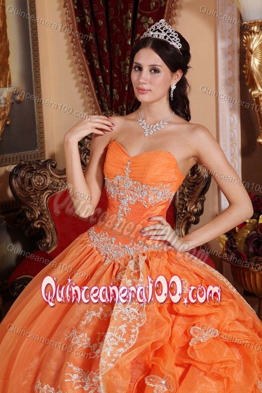 Orange Lace Hem Sweetheart Dresses for Quince with Ruffled Layers