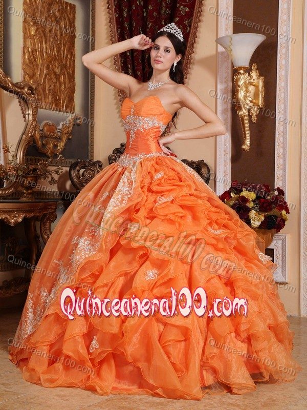 Orange Lace Hem Sweetheart Dresses for Quince with Ruffled Layers