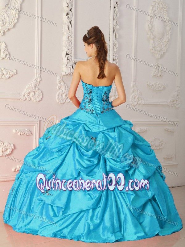 Aqua Blue Pick-ups Taffeta Quinceanera Gowns Dress with Appliques