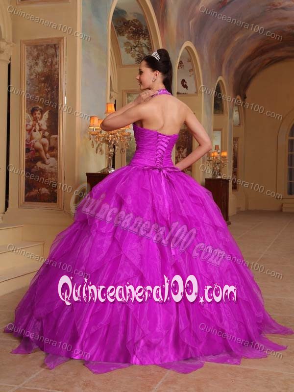 Fuchsia Halter Beading Organza Quinceanera Gowns with Embroidery