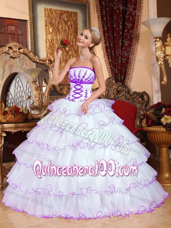 Cheap White Multi-layer Strapless Sweet Sixteen Dress with Appliques