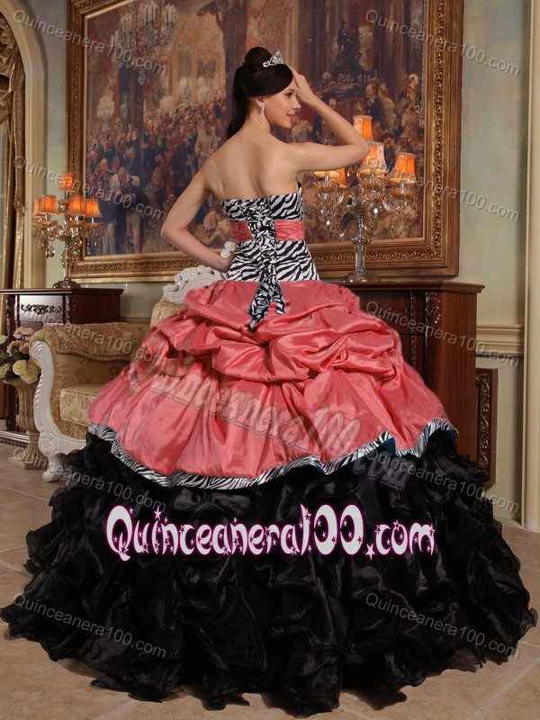 Zebra Print Black and Red Quinces Dresses with Ruffles and Pick-ups