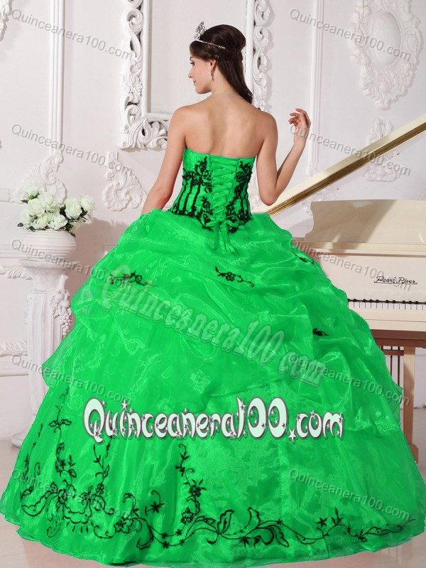 Green Strapless Organza Dress for Quince with Embroidery in Vogue