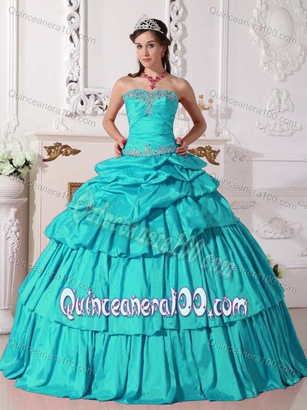 Taffeta Appliques and Ruches Turquoise Quinces Dresses on Discount