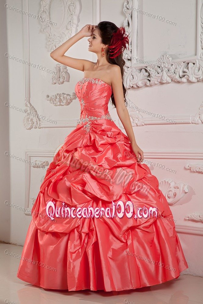 Watermelon Strapless Pick-ups La Quinceanera Dress with Appliques