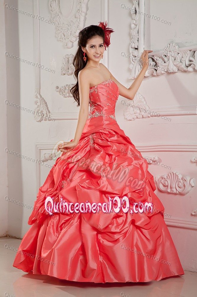 Watermelon Strapless Pick-ups La Quinceanera Dress with Appliques