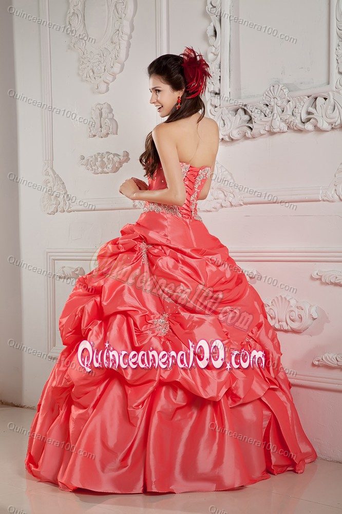 Watermelon Strapless Pick-ups La Quinceanera Dress with Appliques