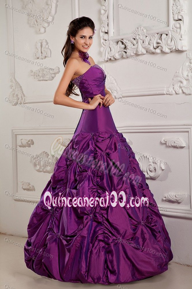 New Strapless Embroidery Beaded Taffeta Dress for Quince in Purple