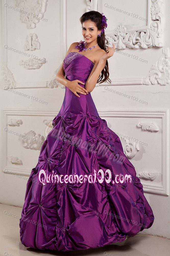 New Strapless Embroidery Beaded Taffeta Dress for Quince in Purple