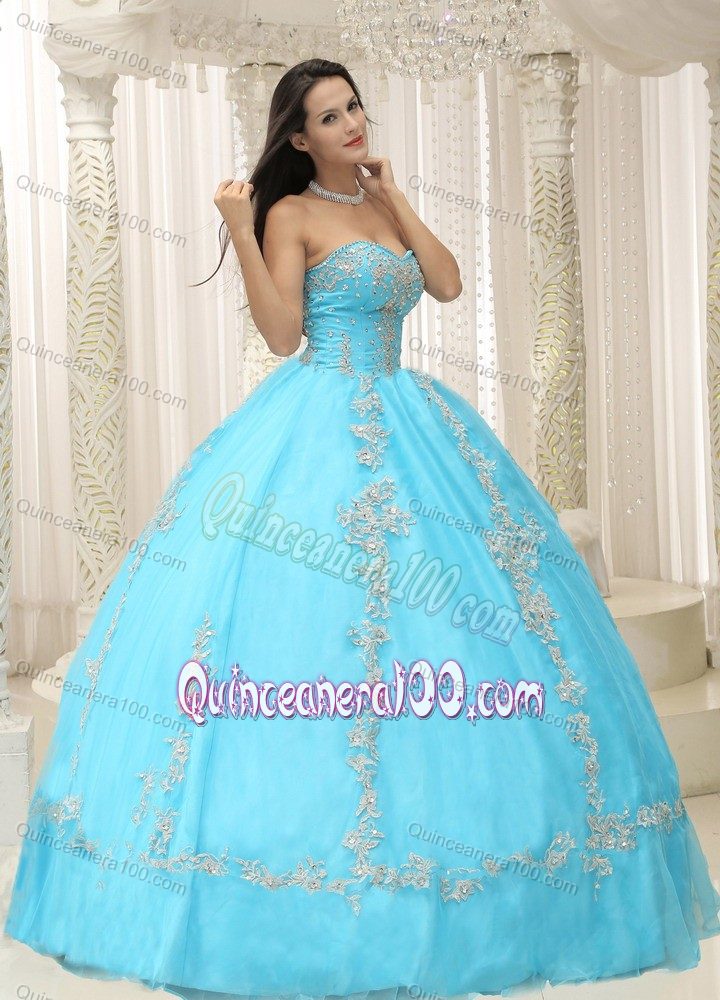 Aqua Blue Tulle and Taffeta Beaded Quinceanera Dress with Appliques