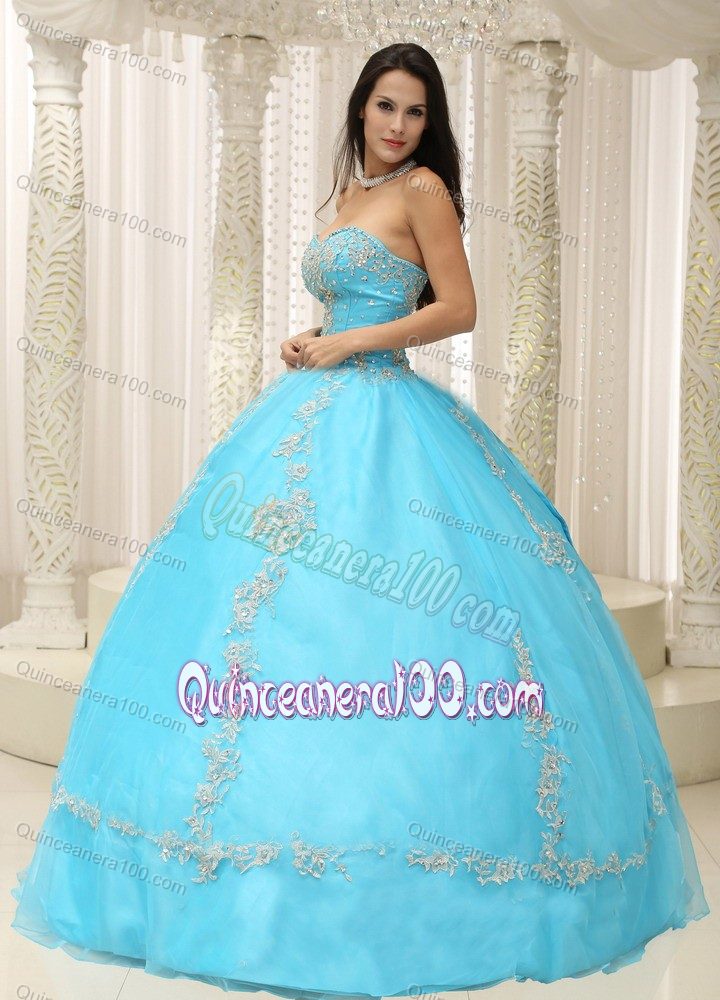 Aqua Blue Tulle and Taffeta Beaded Quinceanera Dress with Appliques