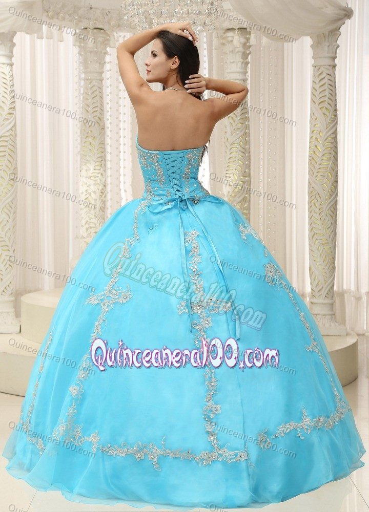 Aqua Blue Tulle and Taffeta Beaded Quinceanera Dress with Appliques