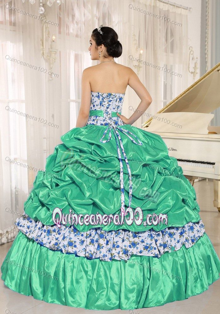 Green Sweetheart Print Beaded Dress for Quinceanera with Pick-ups