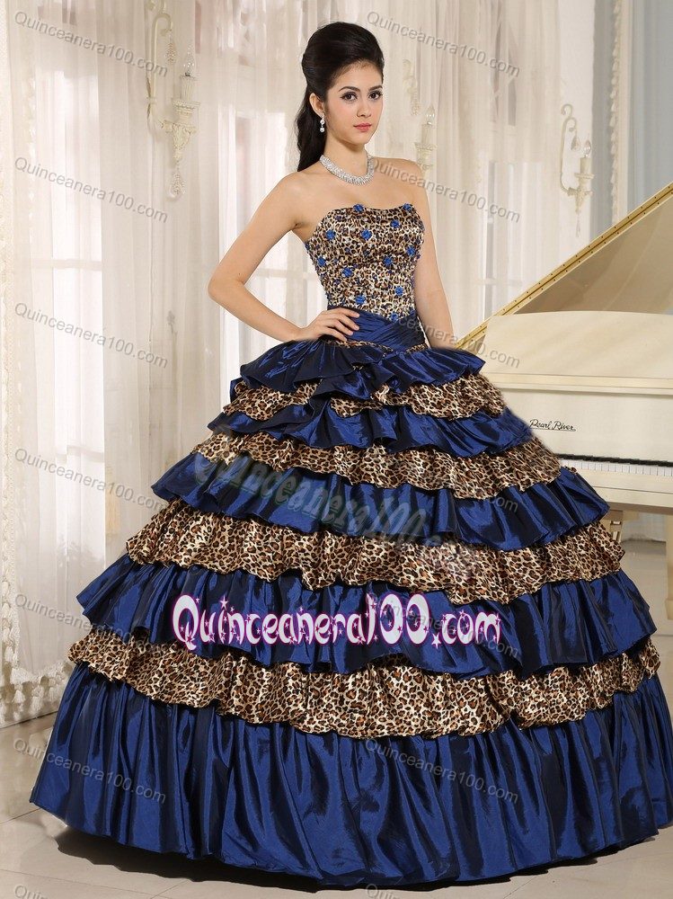 Beading Leopard Print Ruffled Layers Sweet 16 Dresses in Navy Blue