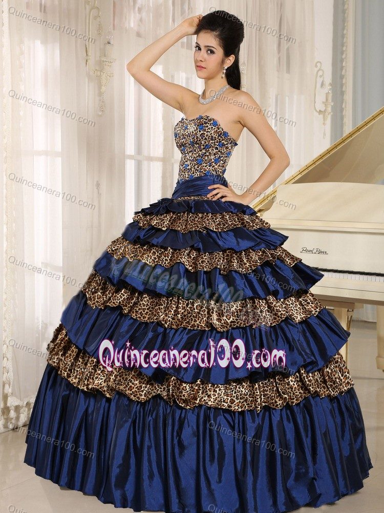 Beading Leopard Print Ruffled Layers Sweet 16 Dresses in Navy Blue