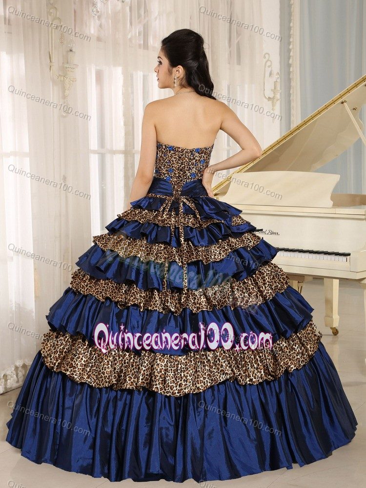 Beading Leopard Print Ruffled Layers Sweet 16 Dresses in Navy Blue