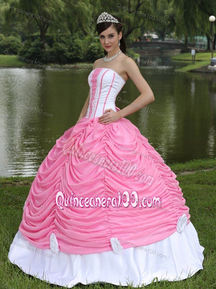 Pink and White Pick-ups Sweet 15 Dresses with Hand Made Flowers