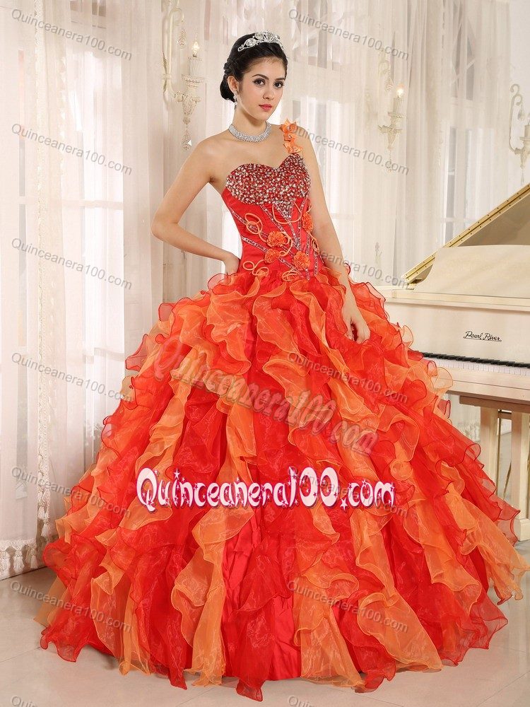 Orange Red One Shoulder Beaded Quince Dress with Ruffle Hot Sale