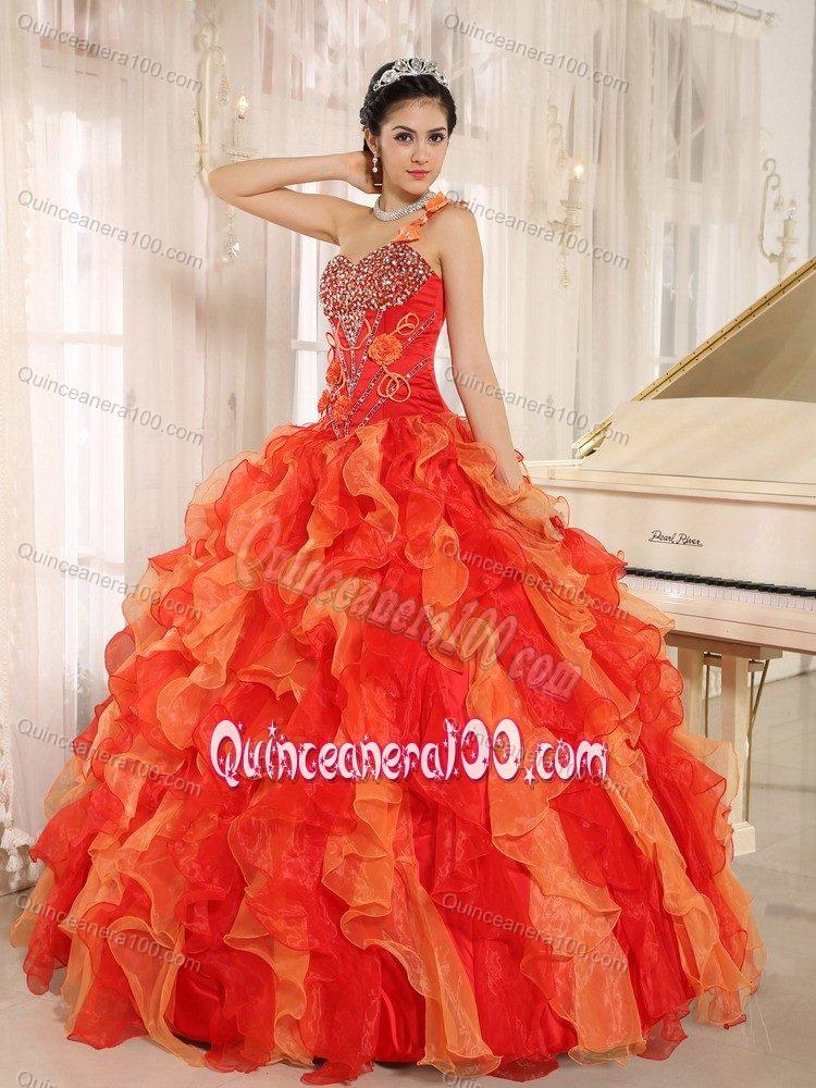 Orange Red One Shoulder Beaded Quince Dress with Ruffle Hot Sale