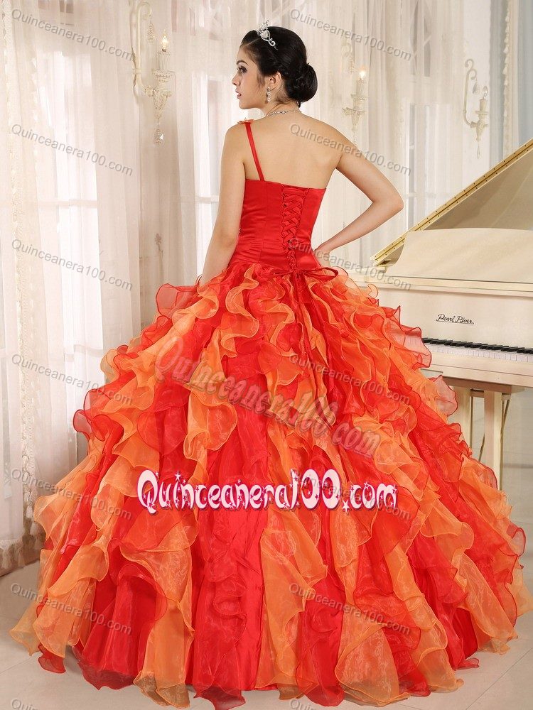 Orange Red One Shoulder Beaded Quince Dress with Ruffle Hot Sale