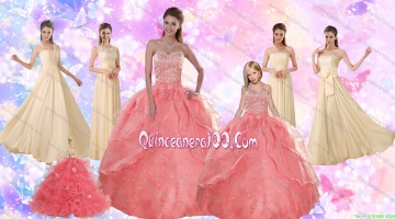 2015 Perfect Beading Sweetheart Quinceanera Dress and Ruching Long Prom Dresses and Watermelon Halter Top Little Girl Dress