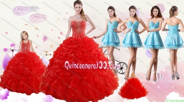 2015 Ruffled Red Quinceanera Gown and Light Blue Sweetheart Beading Prom Dresses and Halter Top Beaded Flower Girl Dress