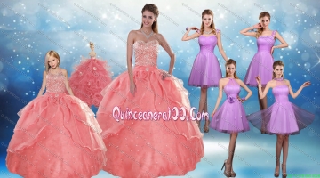 Perfect Beading Floor Length Quinceanera Dress and Short Ruching Prom Dresses and Watermelon Halter Top Little Girl Dress