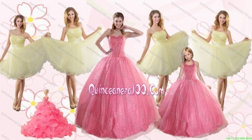 Rose Pink Beading Ball Gown Quinceanera Dress and Strapless Knee Length Dama Dresses and Halter Top Little Girl Dress