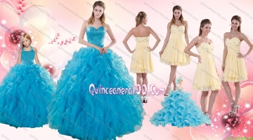 Teal Sweetheart Ruffles Quinceanera Gown and Sweetheart Short Dama Dresses and Teal Halter Top Flower Girl Dress