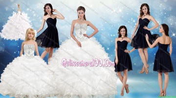 White Ball Gown Quinceanera Dress and Black Sweetheart Short Dama Dresses and Beading and Ruffles Little Girl Dress