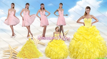 Yellow Sweetheart Beading Quinceanera Dress and Light Pink Short Prom Dresses and Ruffles and Beading Little Girl Dress