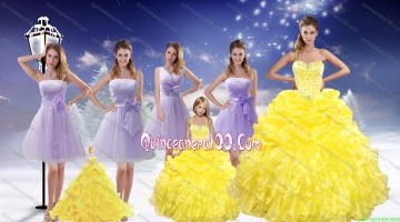 Yellow Sweetheart Beading Ruffles Quinceanera Dress and Lavender Short Dama Dresses and Beading Ruffles Little Girl Dress