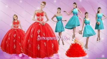 2015 Elegant Appliques Red Quinceanera Dress and Turquoise Short Dama Dresses and Halter Top Ball Gown Little Girl Dress