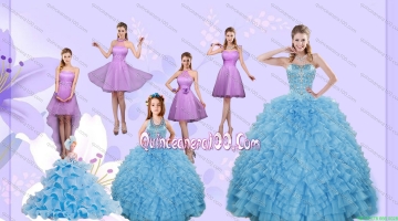 Beading Pretty Aqua Blue Quinceanera Gown and Lilac Short Dama Dresses and Halter Top Ruffles Pageant Dresses for Little Girl