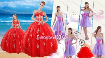 Elegant Red Sweetheart Quinceanera Dress and Sash and Beading Short Dama Dresses and Halter Top Red Little Girl Dress