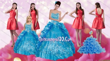 Embroidery and Pick Ups Quinceanera Dress and Ruching Short Dama Dresses and Spaghetti Straps Teal Little Girl Dress