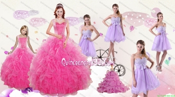 Popular Beading and Ruffles Quinceanera Dress and Bownot and Beading Short Dama Dresses and Pink Floor Length Little Girl Dress