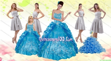 Teal Sweetheart Embroidery Quinceanera Dress and Strapless Short Dama Dresses and Spaghetti Straps Ruffles Flower Girl Dress