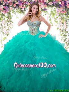 Lovely Ruffled and Beaded Big Puffy Quinceanera Dress in Turquoise