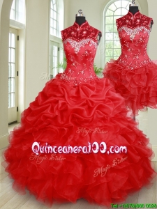 Pretty Ruffled and Bubble Beaded High Neck Removable Quinceanera Dress in Red