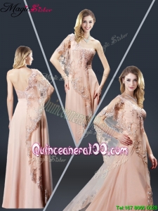 Luxurious One Shoulder Appliques Mother Dresses in Peach