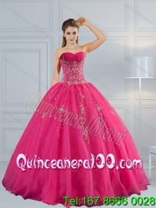 2015 Perfect Sweetheart Hot Pink Quinceanera Dress with Appliques and Beading