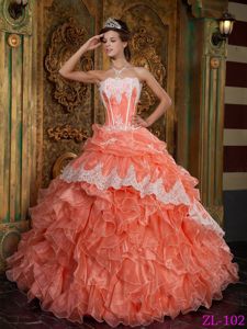 Orange Strapless Quince Dress with Organza Ruffles and Appliques