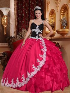 V-neck Appliques Halter Top Sweet 15 Dresses in Hot Pink and Black